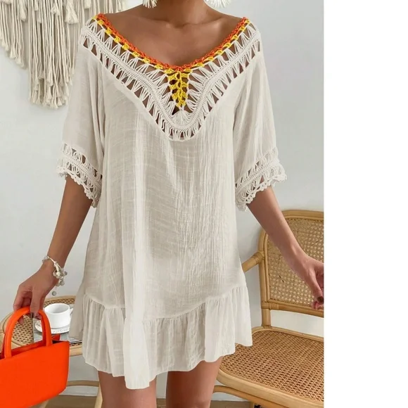 Boho Crochet Semi Sheer Half Sleeve Open Back Beach Coverup - Picture 4 of 5